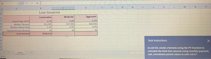 In cell c8 create a formula using the pv function